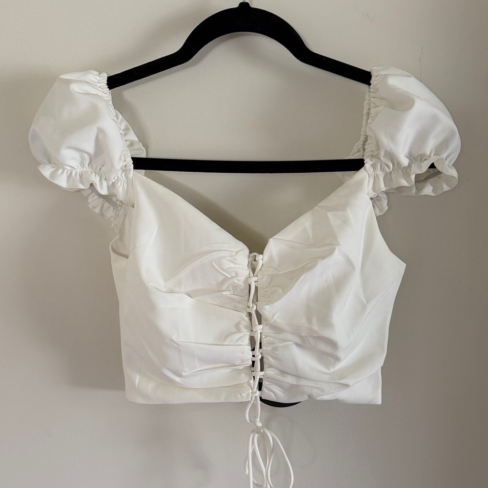 White Fox Boutique White Puff-Sleeve Lace-Up Crop